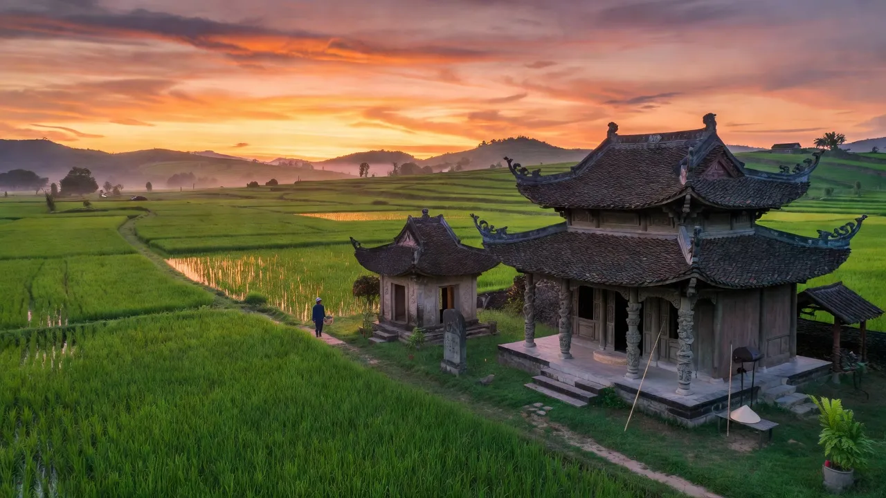 Cảnh đẹp huyện Nam Đàn, Nghệ An với cánh đồng xanh và kiến trúc truyền thống Việt Nam.