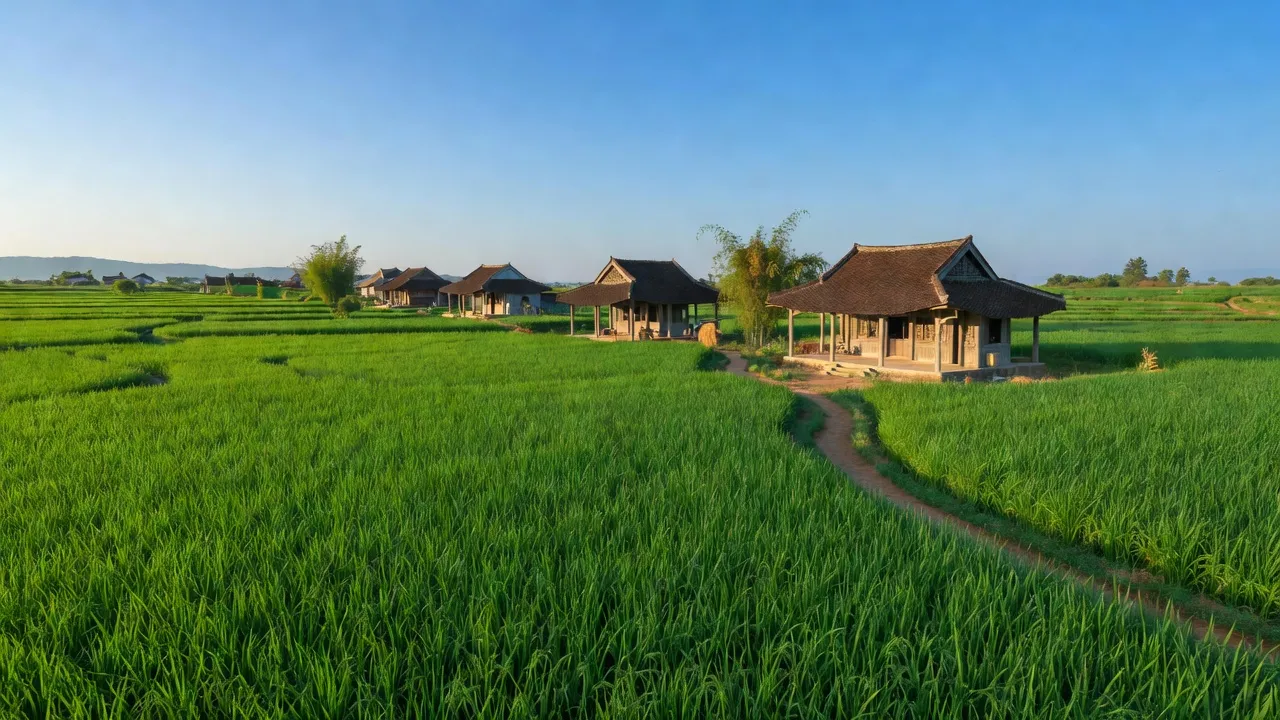 Cảnh sắc bình yên xã Hùng Tiến, huyện Nam Đàn, với cánh đồng xanh và nhà truyền thống.