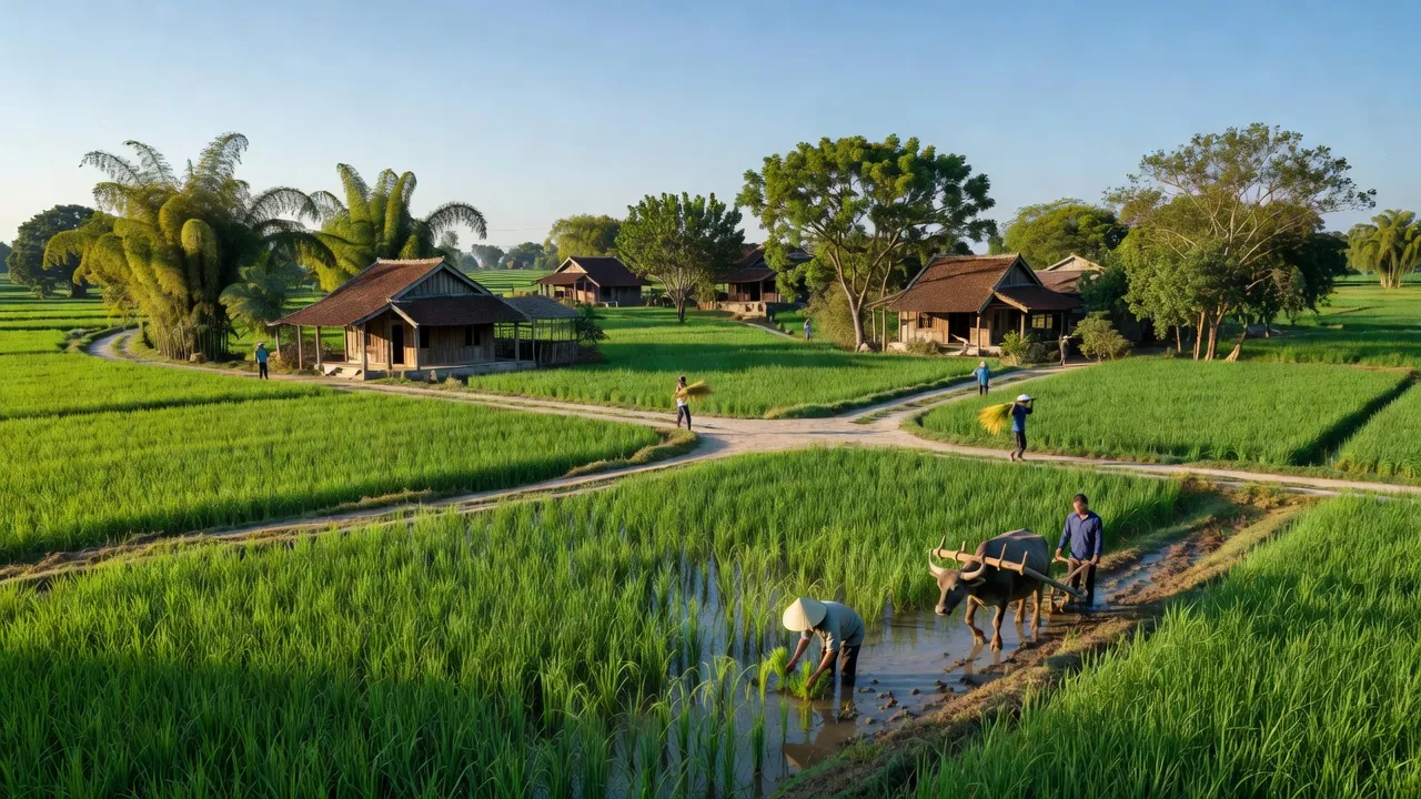 Khung cảnh yên bình xã Hùng Tiến, huyện Nam Đàn, tỉnh Nghệ An với cánh đồng xanh mướt.