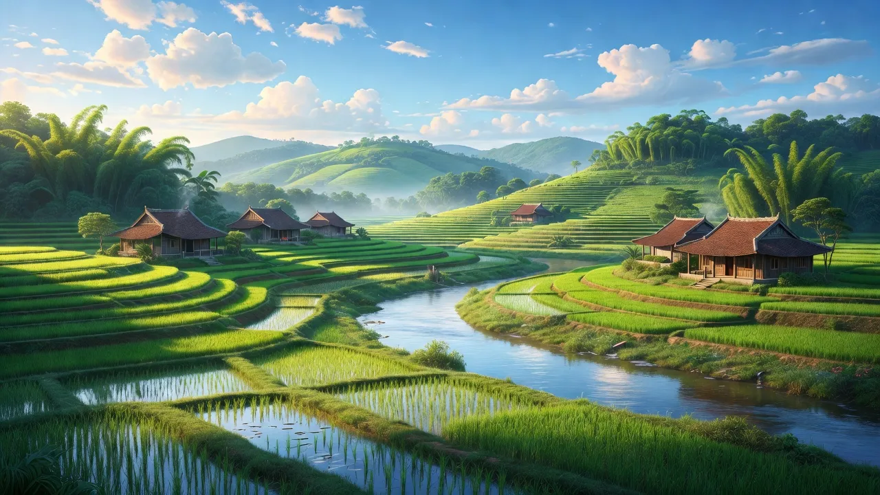 Khánh Sơn, huyện Nam Đàn, Nghệ An, với đồng lúa xanh và sông Lam êm đềm.