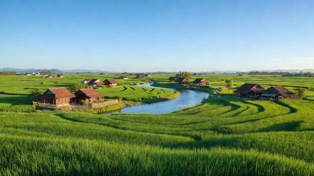 Khánh Sơn, Nam Đàn, Nghệ An: cánh đồng xanh, dòng sông Lam và cảnh quan yên bình.
