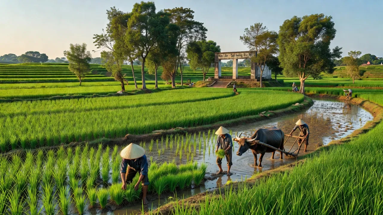 Cảnh đồng quê Kim Liên, Nghệ An với ruộng xanh và người nông dân làm việc.