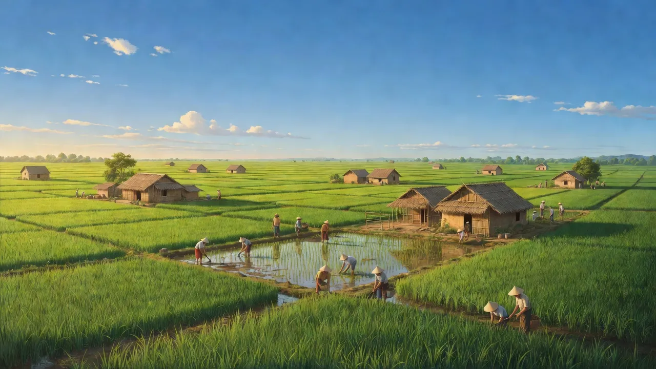 Cảnh đồng xanh và làng quê xã Kim Liên, huyện Nam Đàn, Nghệ An, nơi nông nghiệp phát triển.