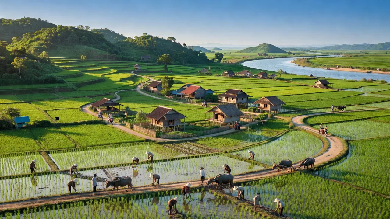 Cảnh đẹp xã Nam Anh, huyện Nam Đàn, tỉnh Nghệ An với đồng bằng và đồi núi xanh tươi.