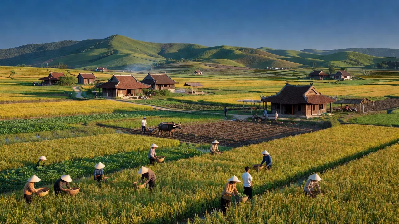 Cảnh quan xã Nam Anh, huyện Nam Đàn, tỉnh Nghệ An với đồng ruộng và đồi núi xanh tươi.