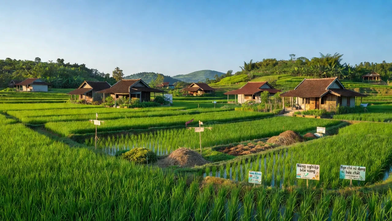 Cảnh đẹp xã Nam Cát huyện Nam Đàn Nghệ An với cánh đồng xanh và nhà truyền thống.