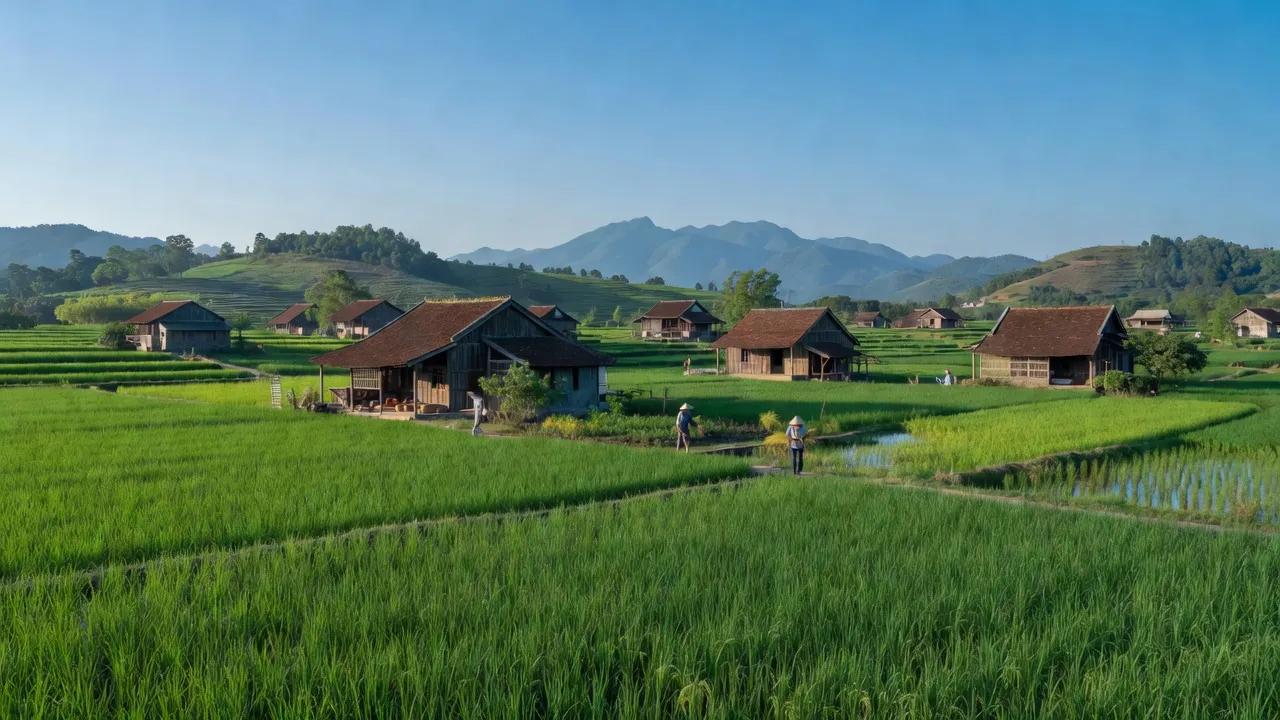 Cảnh đẹp xã Nam Giang, huyện Nam Đàn, Nghệ An với cánh đồng xanh và nhà truyền thống.