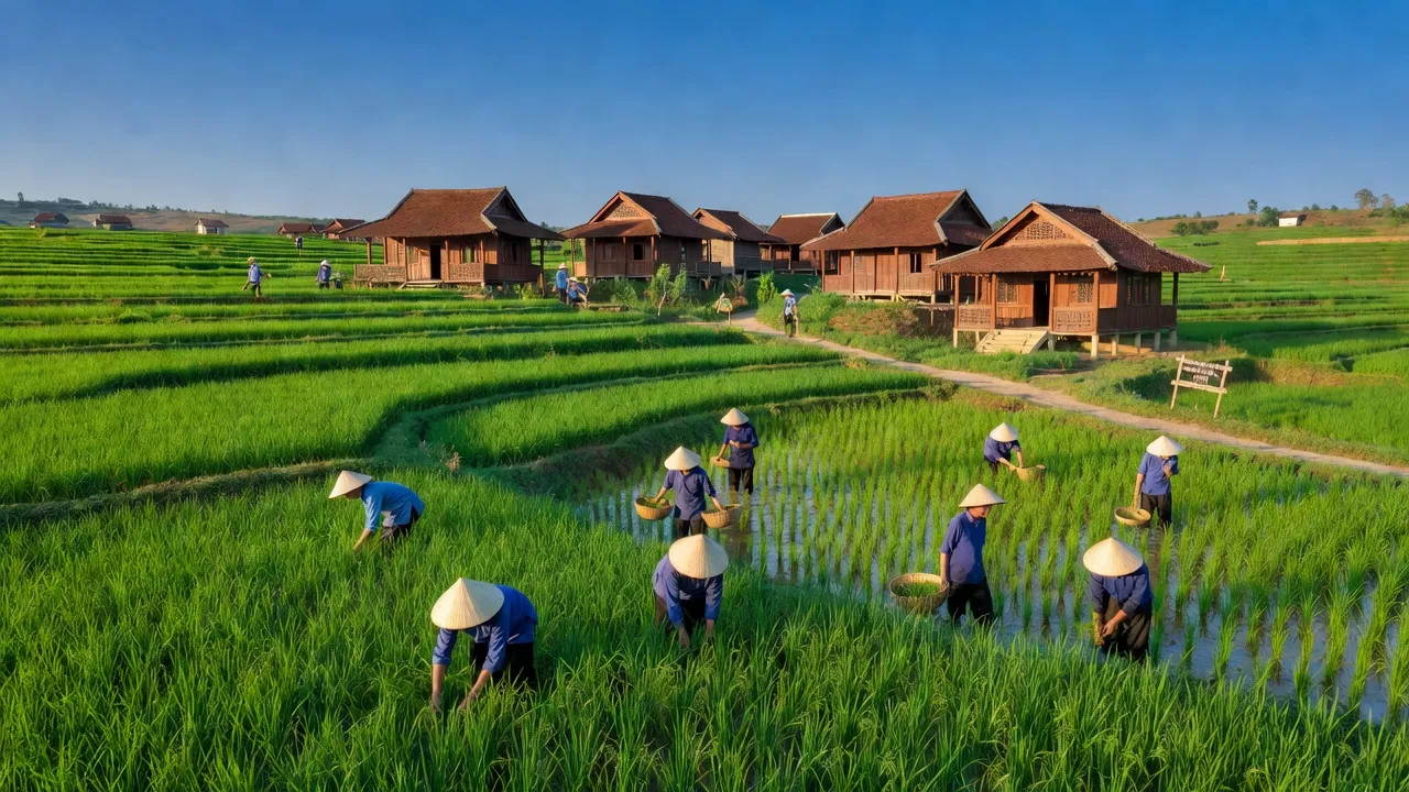 Cảnh đẹp nông thôn xã Nam Kim, huyện Nam Đàn, tỉnh Nghệ An với cánh đồng xanh và nhà truyền thống.