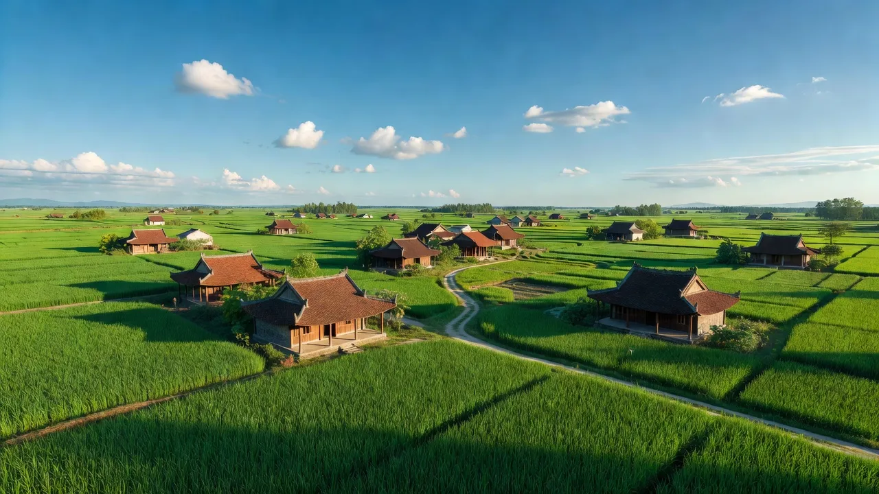 Cảnh quan nông thôn Xã Nam Kim, huyện Nam Đàn, Nghệ An với ruộng lúa và nhà truyền thống.