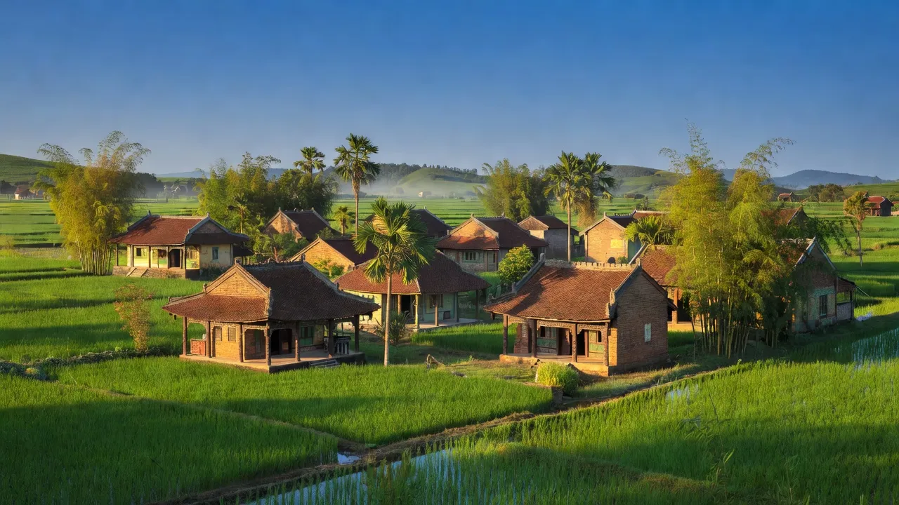 Cảnh đẹp xã Nam Lĩnh, huyện Nam Đàn, tỉnh Nghệ An với nhà truyền thống và đồng xanh.