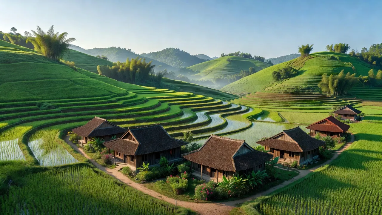 Khung cảnh xã Nam Xuân, huyện Nam Đàn với đồi xanh, ruộng bậc thang và nhà truyền thống.