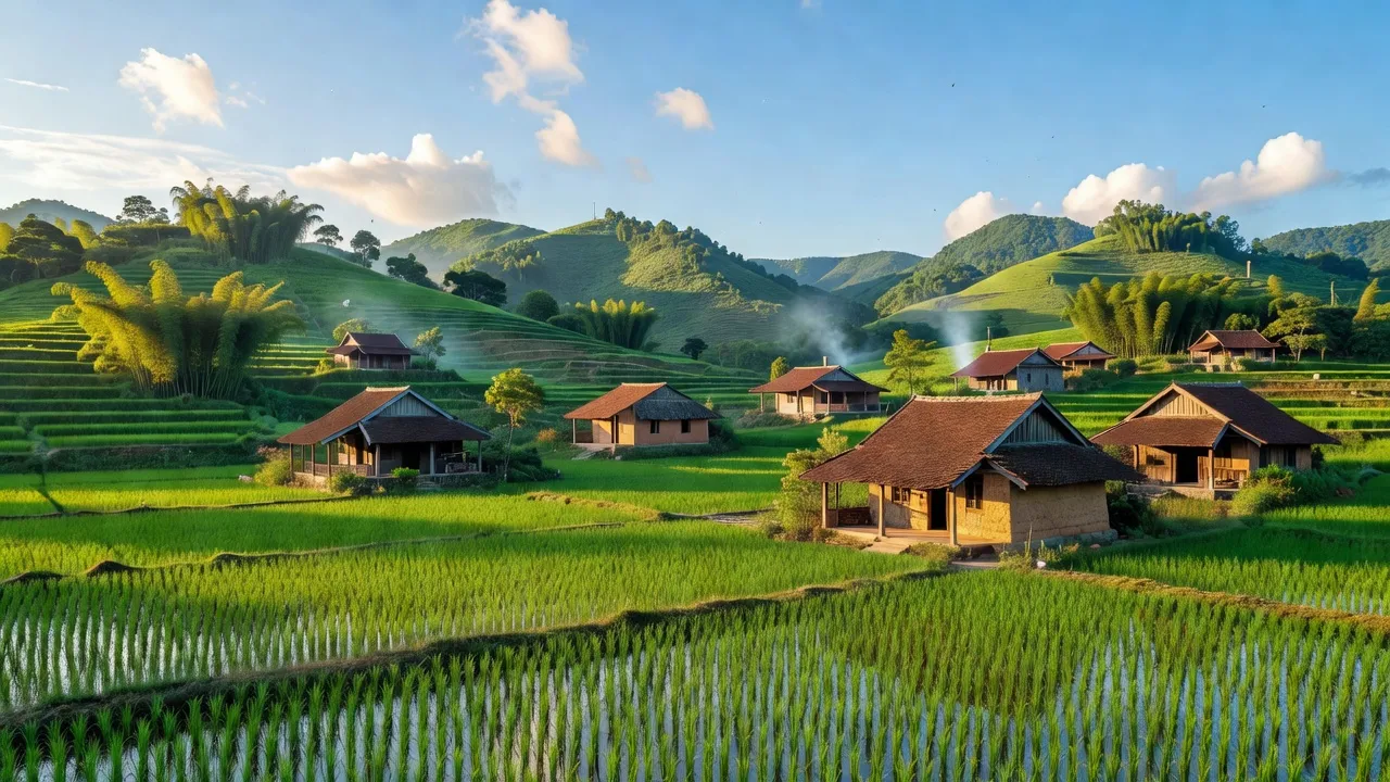 Khung cảnh yên bình ở xã Nam Xuân, huyện Nam Đàn, Nghệ An với đồi núi và ruộng bậc thang.