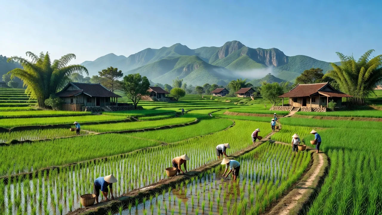 Cánh đồng xanh Nghĩa Thái, Huyện Nam Đàn, Tỉnh Nghệ An, với nhà truyền thống và bầu trời xanh.