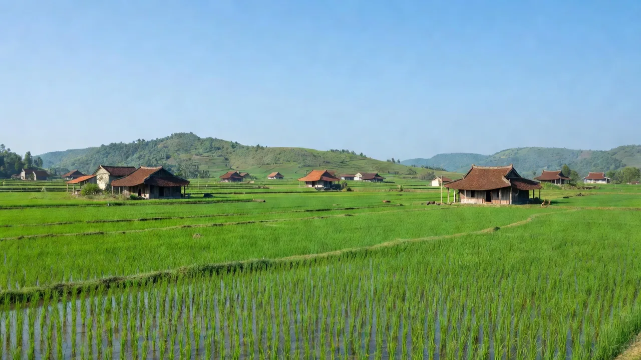 Khung cảnh xã Nghĩa Thái huyện Nam Đàn Nghệ An với cánh đồng xanh và nhà truyền thống.