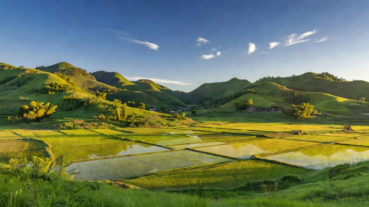 Khung cảnh xã Thượng Tân Lộc, huyện Nam Đàn, Nghệ An, với đồi núi và cánh đồng xanh.