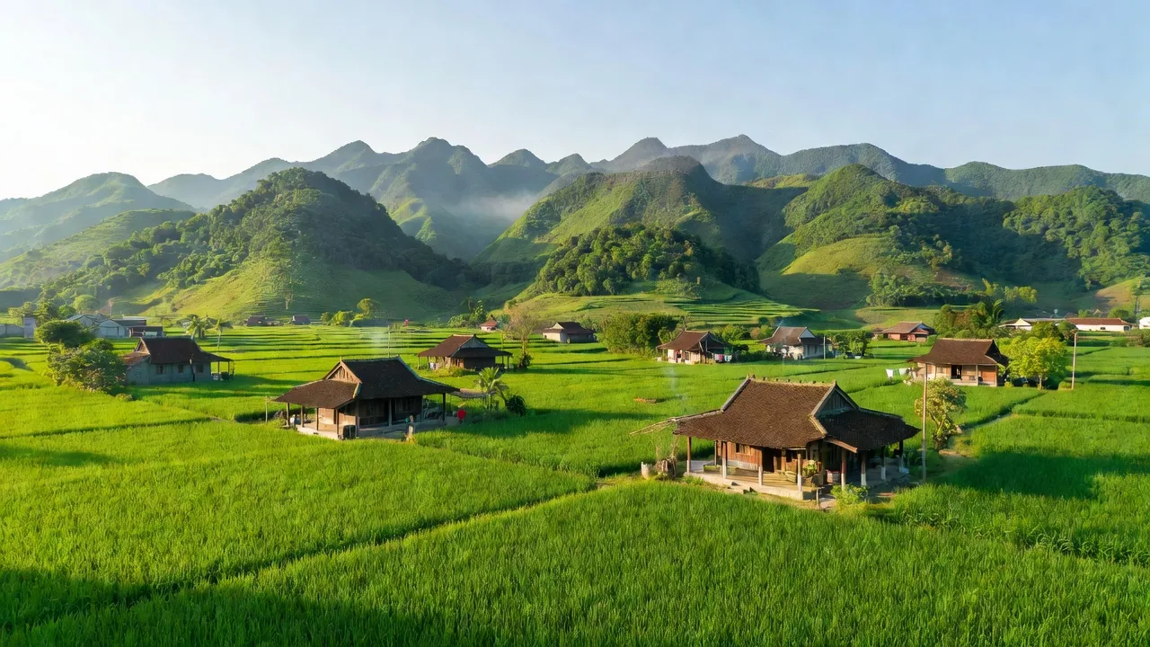 Phong cảnh xã Thượng Tân Lộc, huyện Nam Đàn, tỉnh Nghệ An với núi non, cánh đồng và nhà truyền thống.