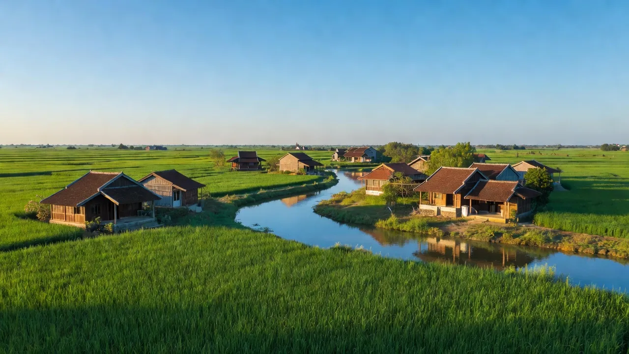 Phong cảnh làng Trung Phúc Cường, huyện Nam Đàn, Nghệ An với cánh đồng xanh và sông Lam.