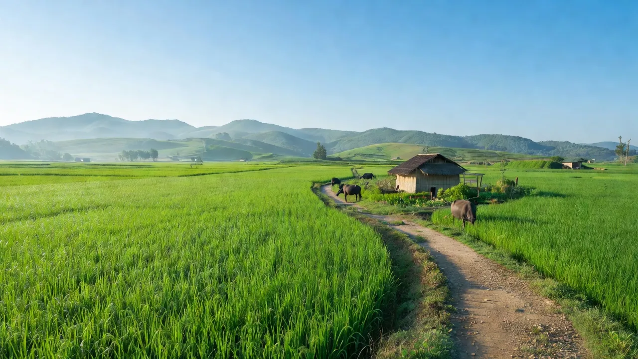 Cảnh sắc xã Xuân Hòa, huyện Nam Đàn, Nghệ An, cánh đồng xanh và bầu trời trong sáng.