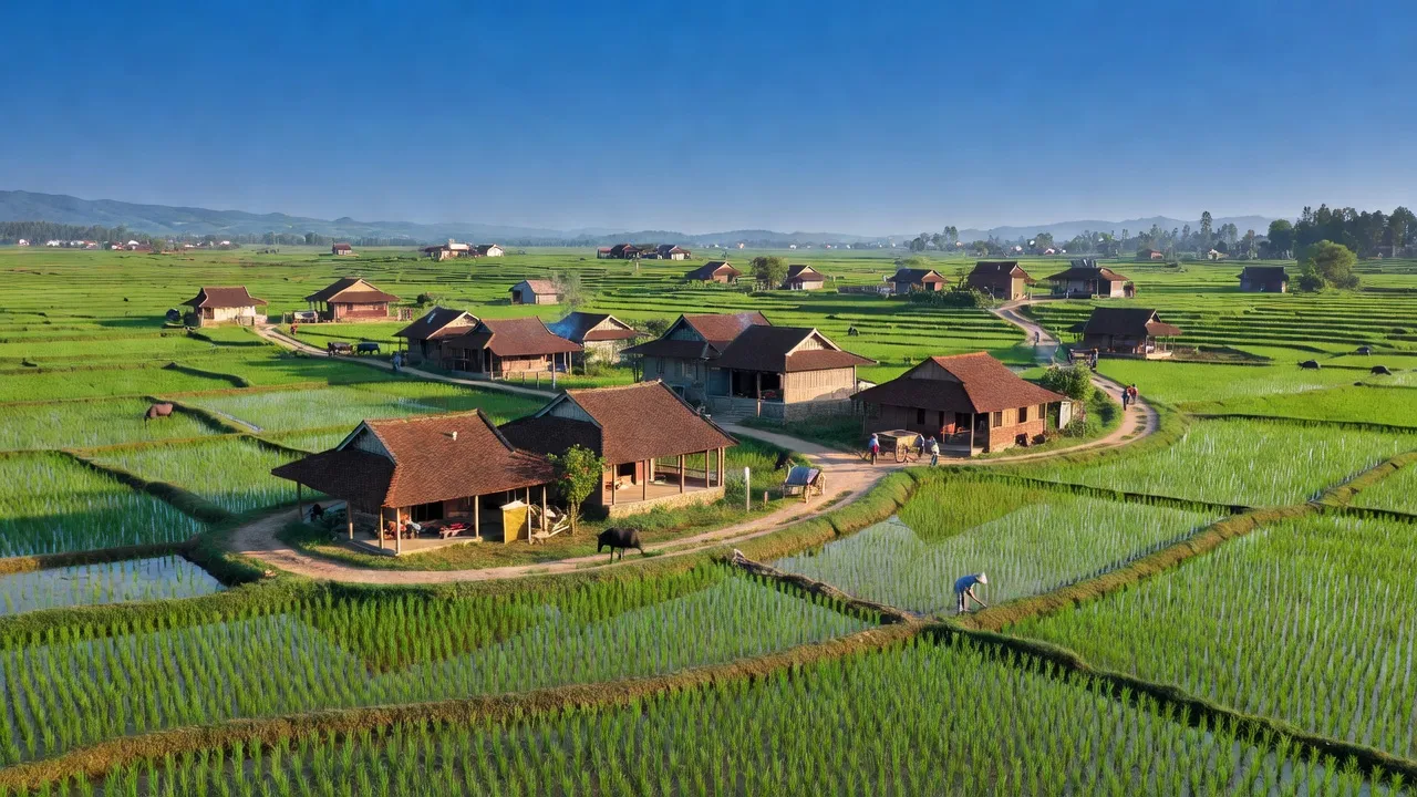 Cảnh đẹp xã Xuân Hồng, huyện Nam Đàn, Nghệ An với cánh đồng xanh và nhà truyền thống.