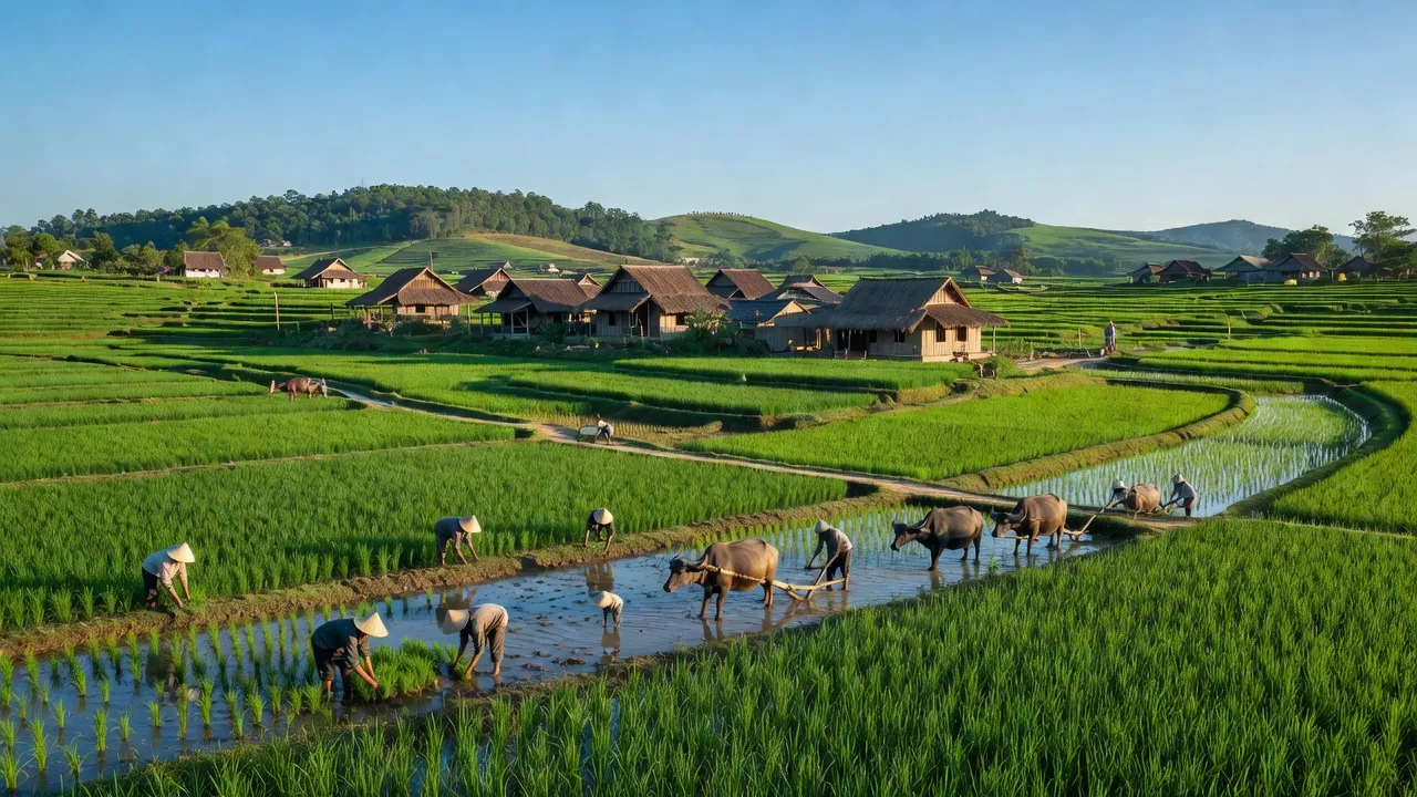 Cảnh Xuân Hồng, huyện Nam Đàn, Nghệ An với cánh đồng xanh màu mỡ và nhà truyền thống.
