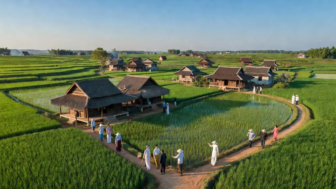 Cảnh đẹp xã Diên Hoa, huyện Nghi Lộc, tỉnh Nghệ An với cánh đồng xanh và nhà truyền thống
