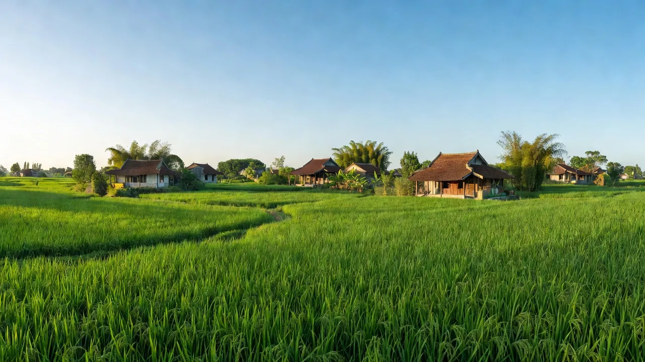Cảnh sắc xã Diên Hoa, Nghi Lộc, Nghệ An với đồng lúa xanh và nhà truyền thống.