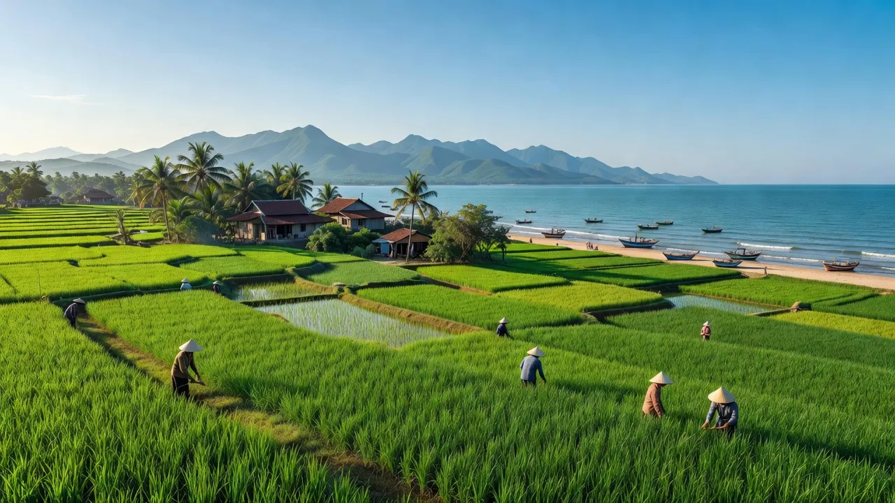 Khánh Hợp village in Nghi Lộc, Nghệ An with green rice fields and distant mountains.