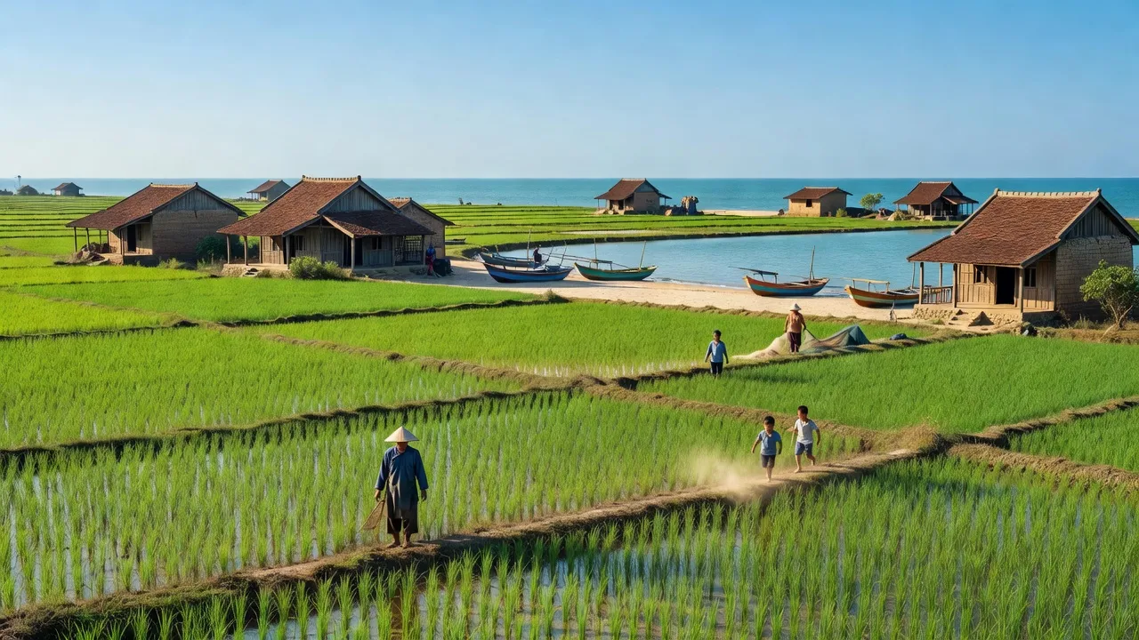 Khánh Hợp village landscape in Nghệ An with green fields and traditional houses, coastal beauty.