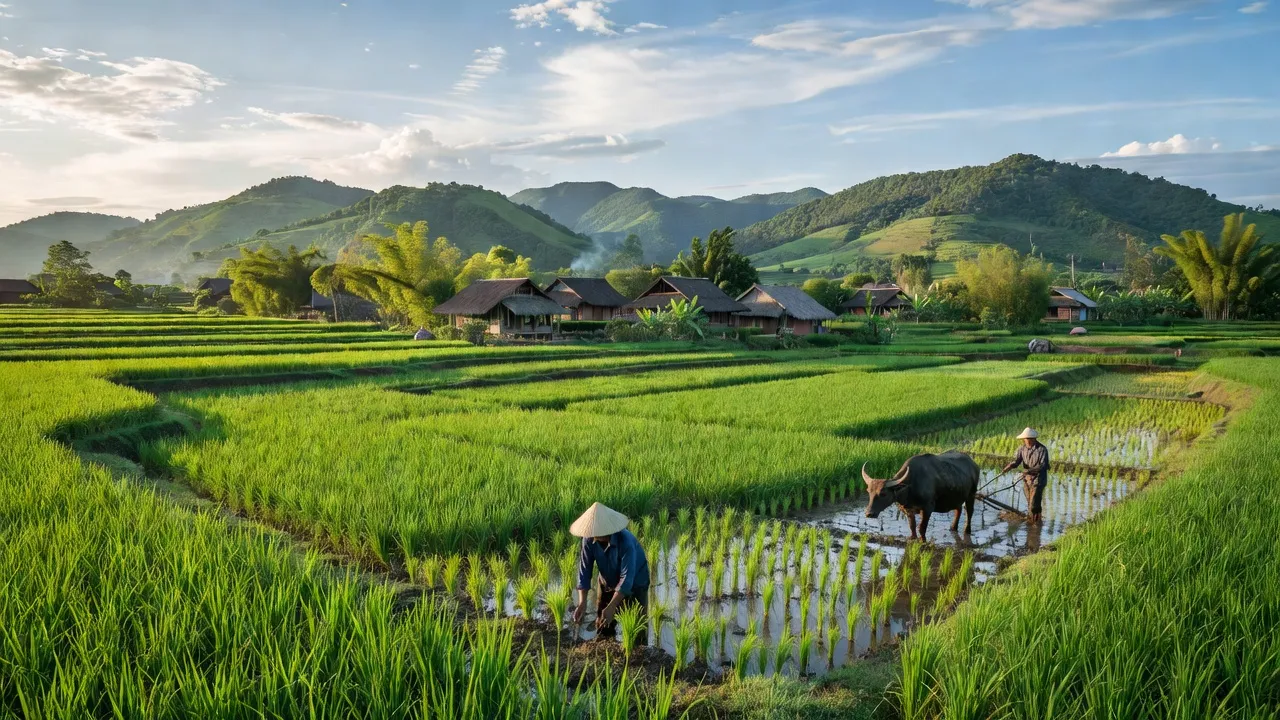 Cảnh đồng xanh tươi ở xã Nghi Công Nam, huyện Nghi Lộc, tỉnh Nghệ An với hoạt động nông nghiệp.