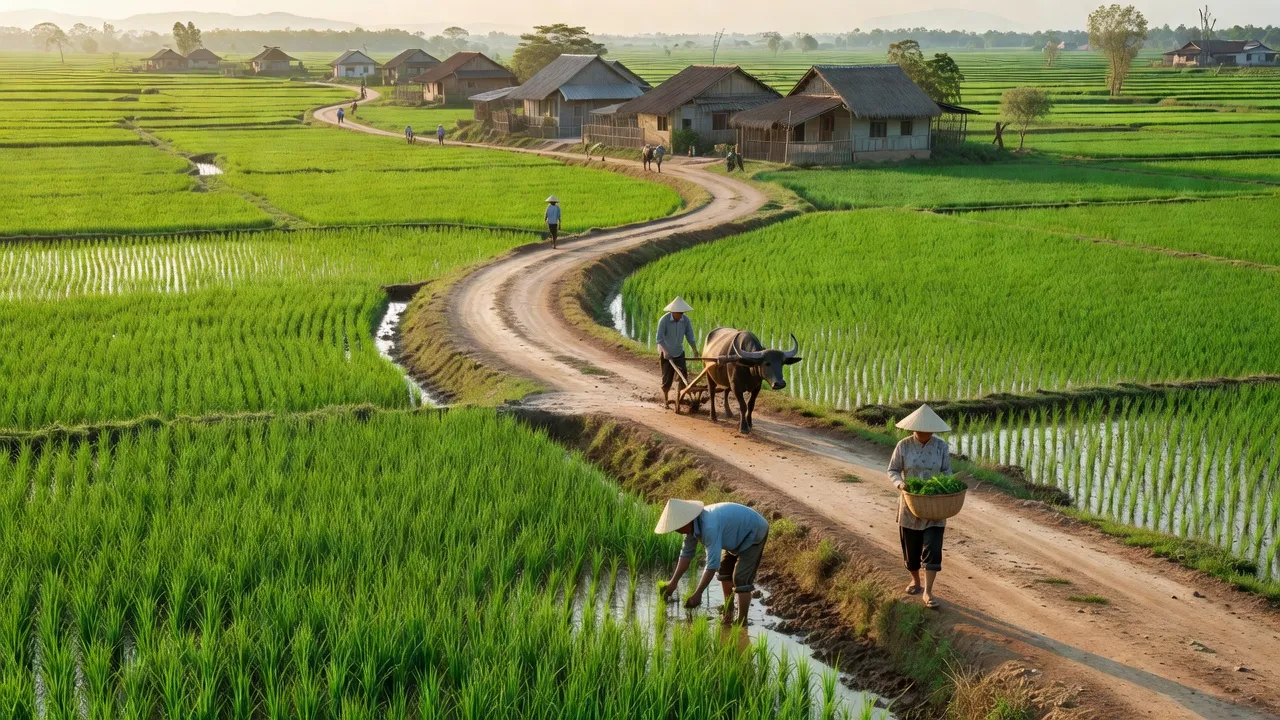 Khung cảnh nông nghiệp truyền thống tại Nghi Công Nam, huyện Nghi Lộc, tỉnh Nghệ An với đồng ruộng xanh.