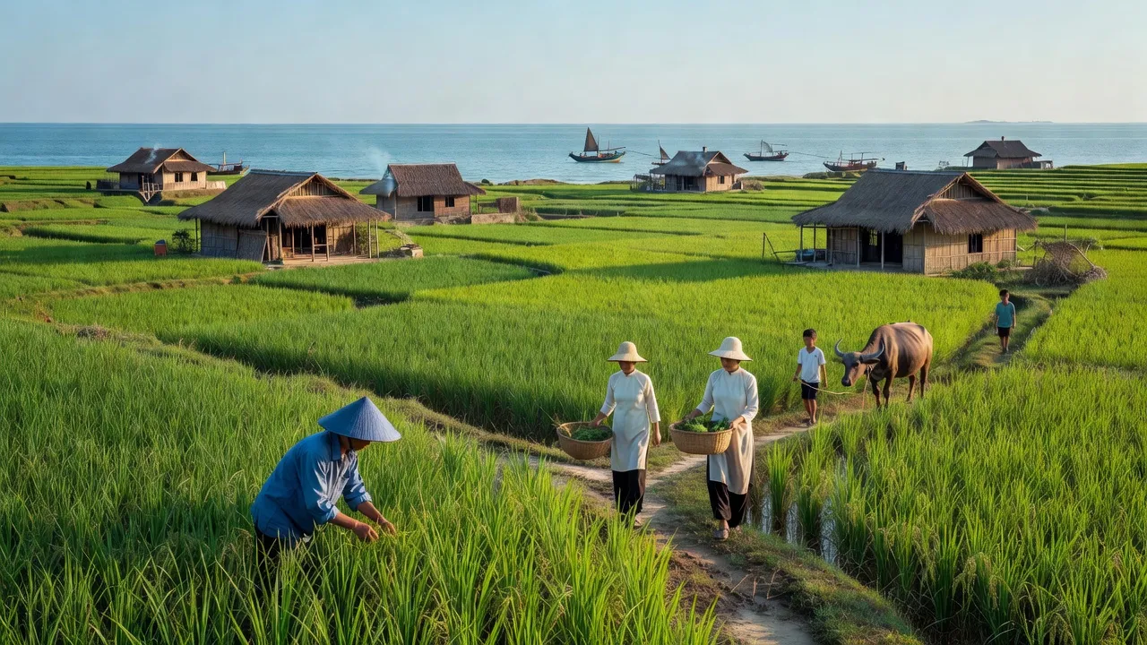 Phong cảnh yên bình ở xã Nghi Đồng, huyện Nghi Lộc, tỉnh Nghệ An với ruộng lúa và nhà truyền thống.