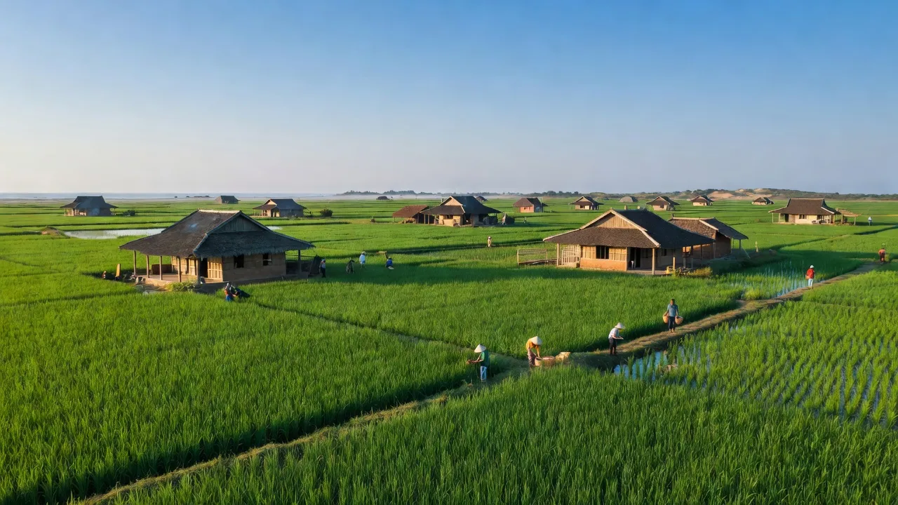 Nghi Hưng, Nghi Lộc, Nghệ An: cảnh sắc nông thôn với cánh đồng xanh và nhà truyền thống.