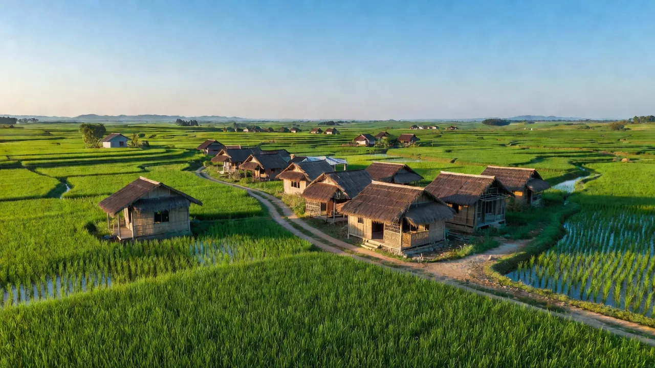 Phong cảnh Nghi Hưng, huyện Nghi Lộc, Nghệ An với cánh đồng xanh và nhà truyền thống.