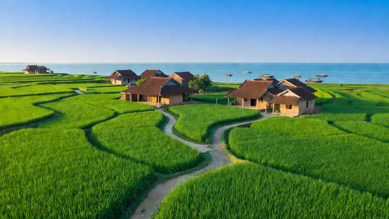 Cảnh đẹp xã Nghi Lâm, huyện Nghi Lộc, tỉnh Nghệ An với cánh đồng xanh và nhà truyền thống.