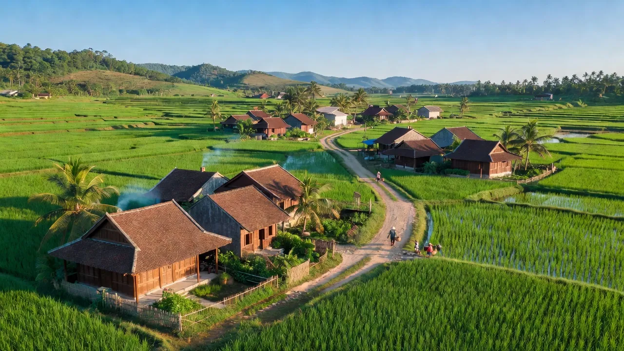 Cảnh đồng quê Xã Nghi Mỹ, huyện Nghi Lộc, tỉnh Nghệ An với nhà truyền thống và ruộng xanh.