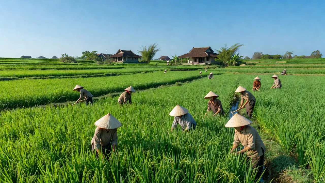 Phong cảnh xã Nghi Phương, Nghệ An với những cánh đồng xanh, nông dân làm việc chăm chỉ.