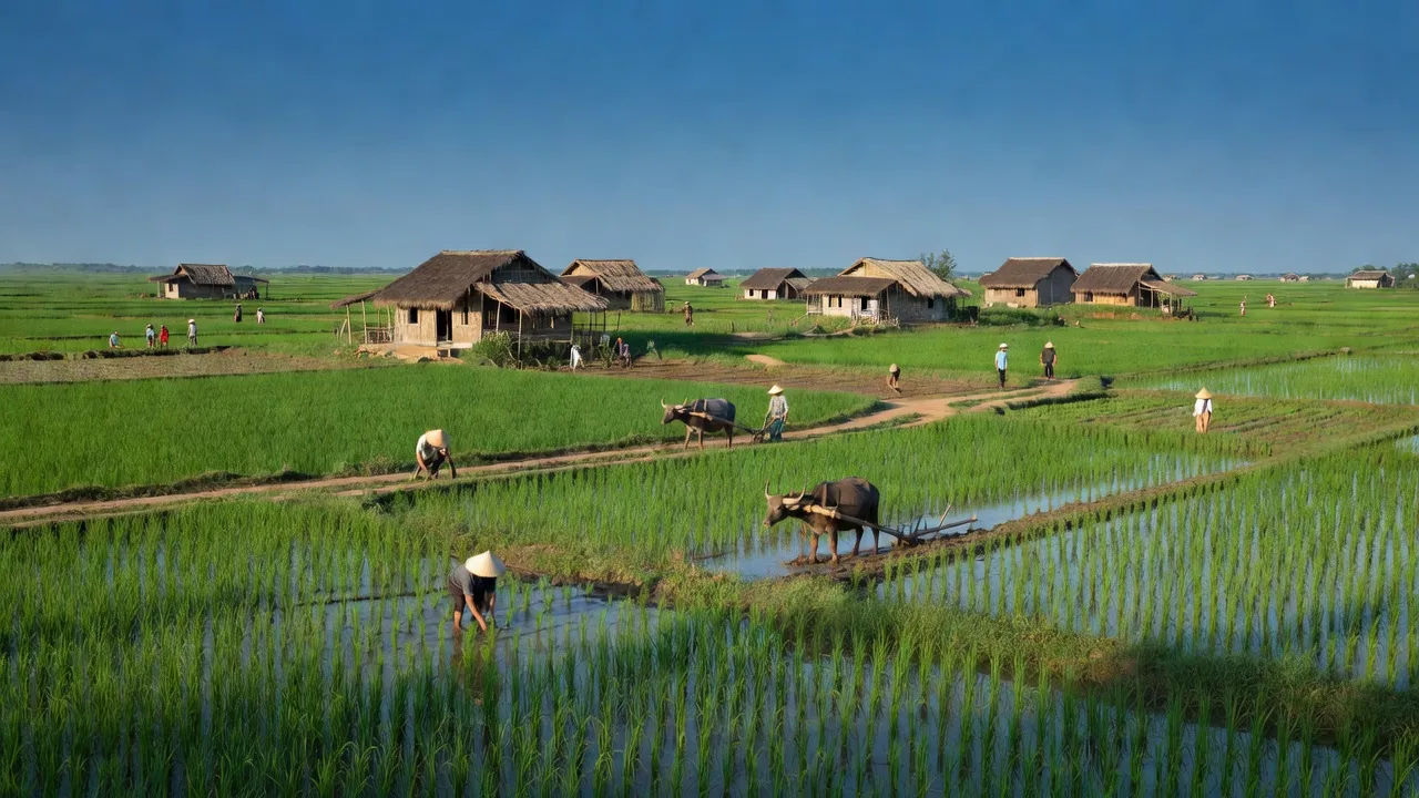 Quang cảnh xã Nghi Phương, huyện Nghi Lộc với đồng xanh, nhà truyền thống và hoạt động nông nghiệp.
