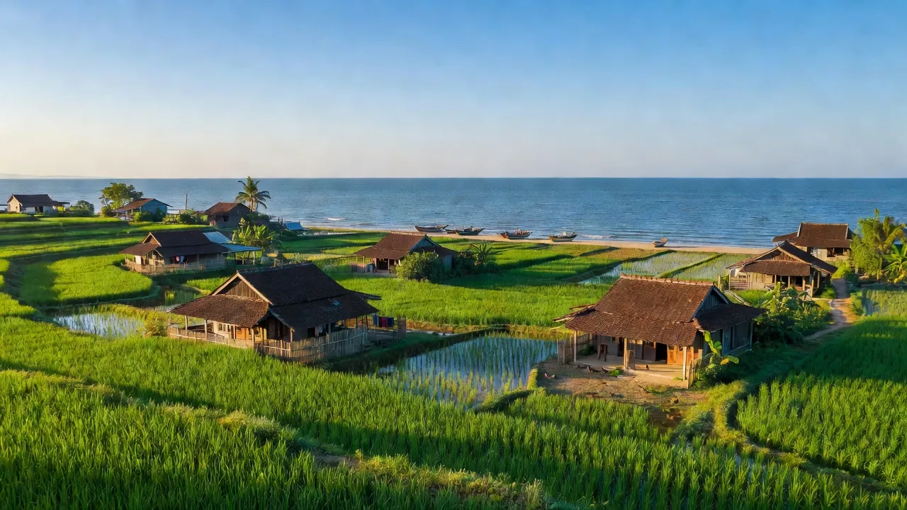 Nghi Quang village, Nghi Loc district, Nghe An province, showcasing green rice fields and coastline.