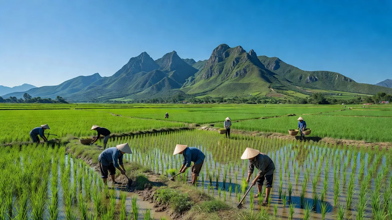 Cảnh đồng ruộng xanh tươi ở xã Nghi Thiết, huyện Nghi Lộc, tỉnh Nghệ An, thể hiện nền nông nghiệp truyền thống.