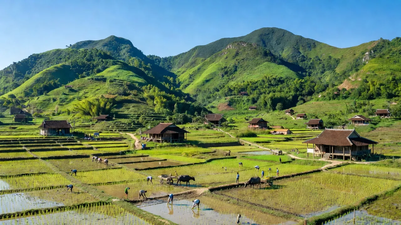 Khung cảnh Nghi Thiết, Nghi Lộc, Nghệ An với đồi núi xanh tươi và hoạt động nông nghiệp.