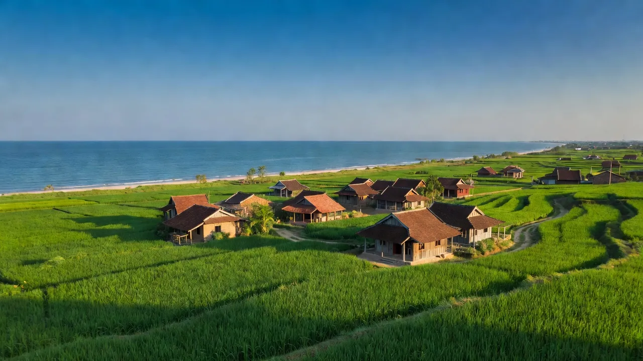 Khung cảnh Nghi Thuận, Nghi Lộc, Nghệ An với đồng xanh và nhà truyền thống.