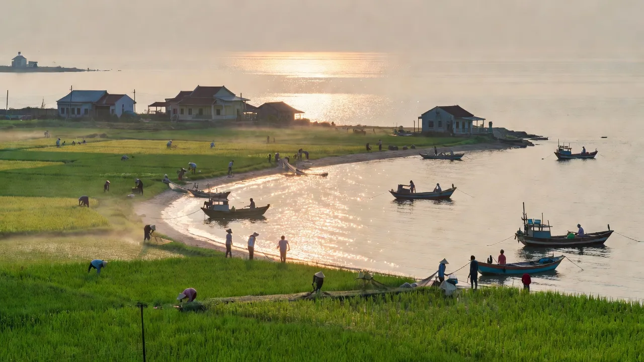Cảnh sắc xã Nghi Trung, huyện Nghi Lộc, tỉnh Nghệ An với biển và những cánh đồng xanh.