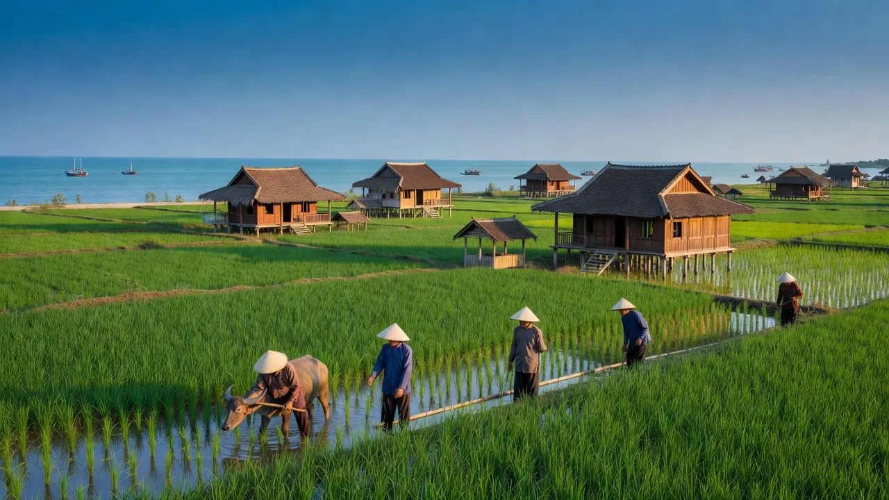 Khung cảnh yên bình xã Nghi Trung, huyện Nghi Lộc, Nghệ An với cánh đồng xanh và nhà truyền thống.