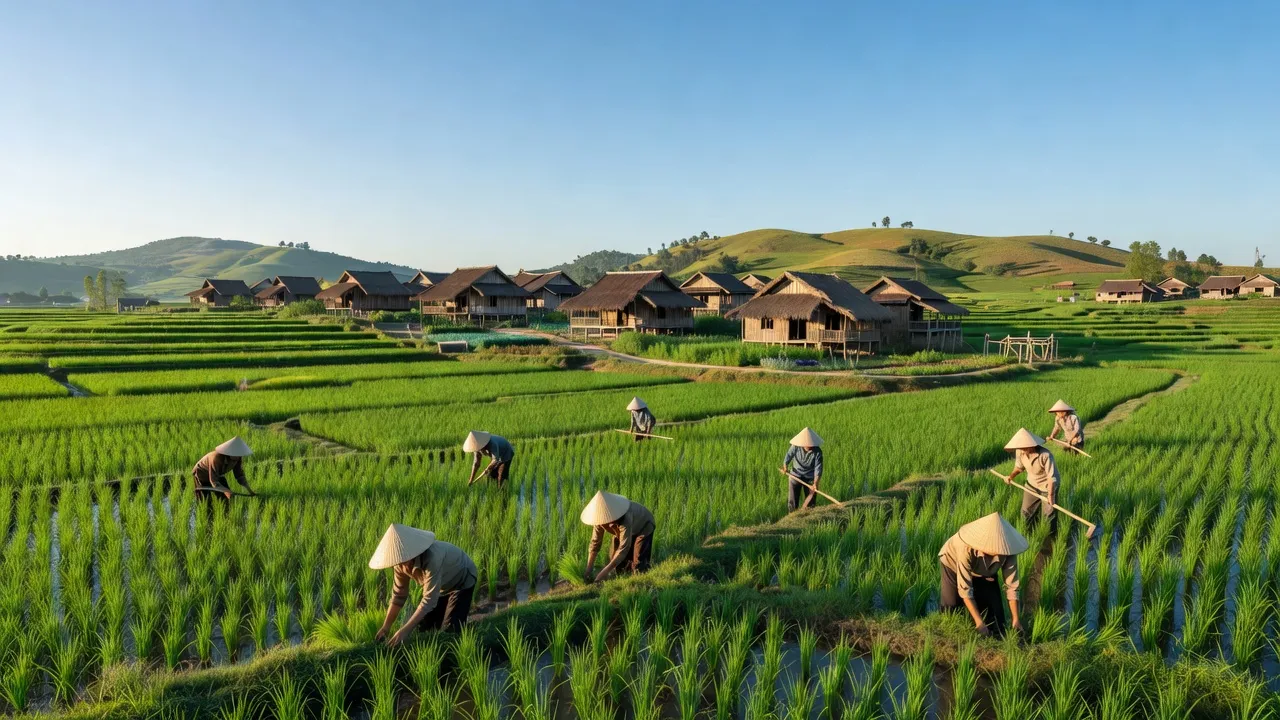 Cảnh đẹp xã Nghi Văn, huyện Nghi Lộc với cánh đồng xanh tươi và nhà truyền thống.