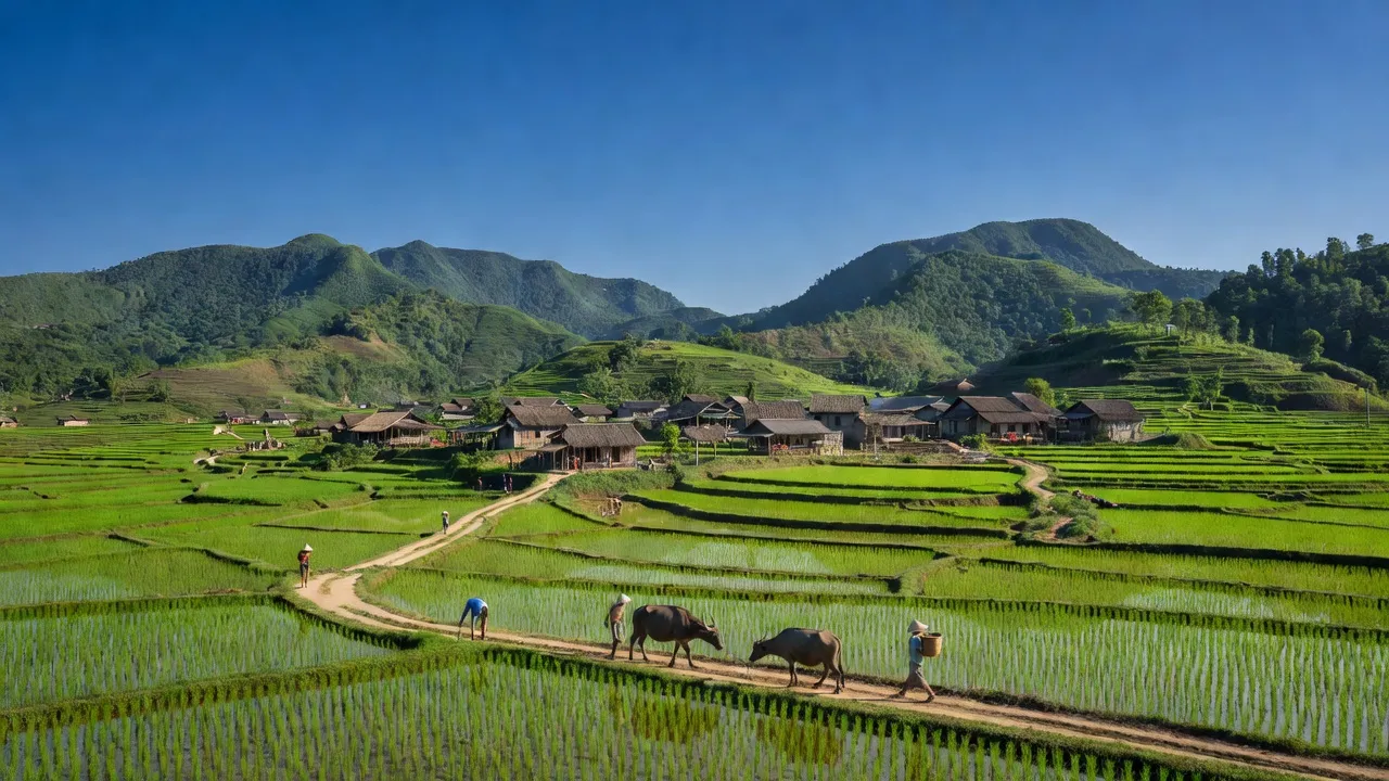 Khung cảnh xanh tươi xã Nghi Văn, huyện Nghi Lộc, Nghệ An với ruộng bậc thang và làng quê.