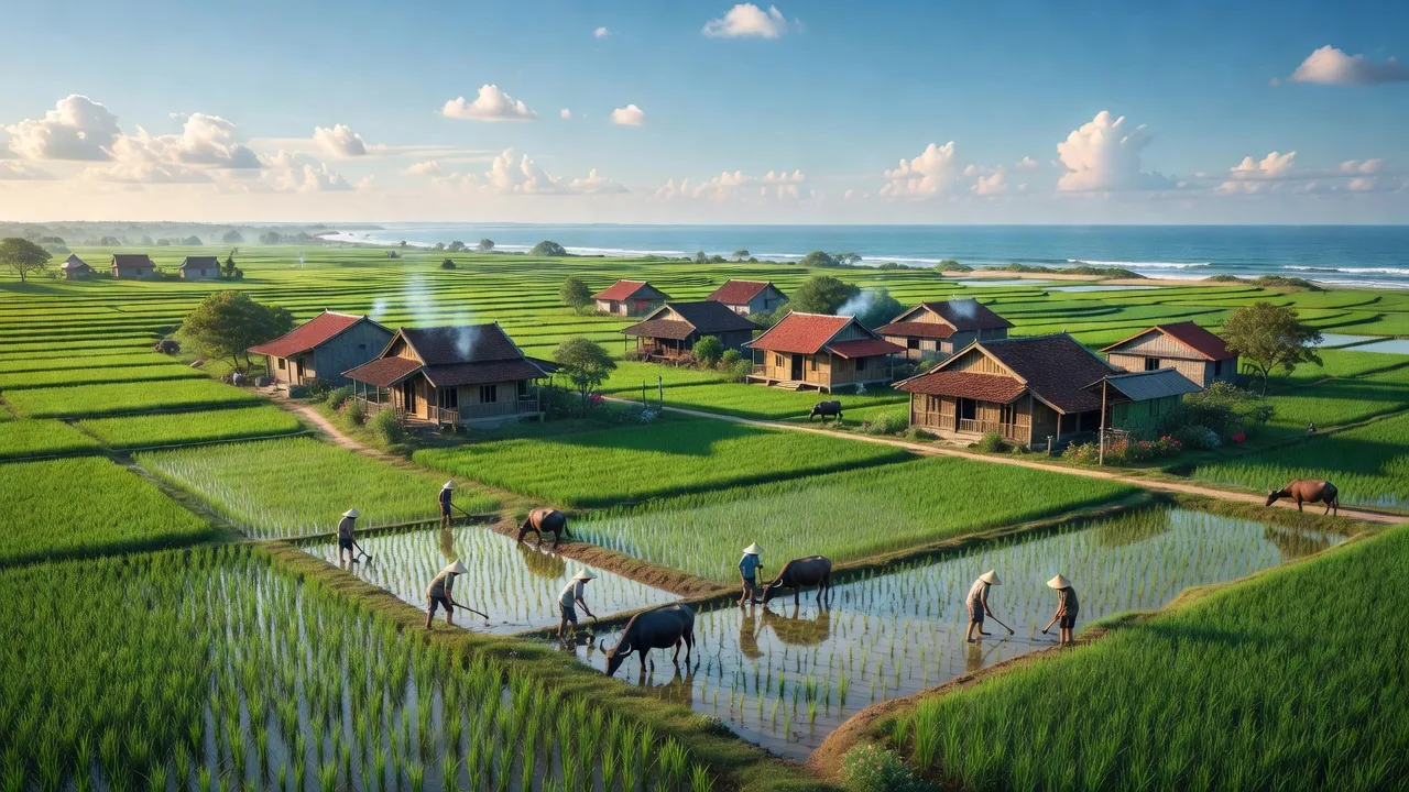 Cảnh đẹp xã Nghi Yên, huyện Nghi Lộc, tỉnh Nghệ An với đồng lúa xanh mướt và nhà truyền thống.