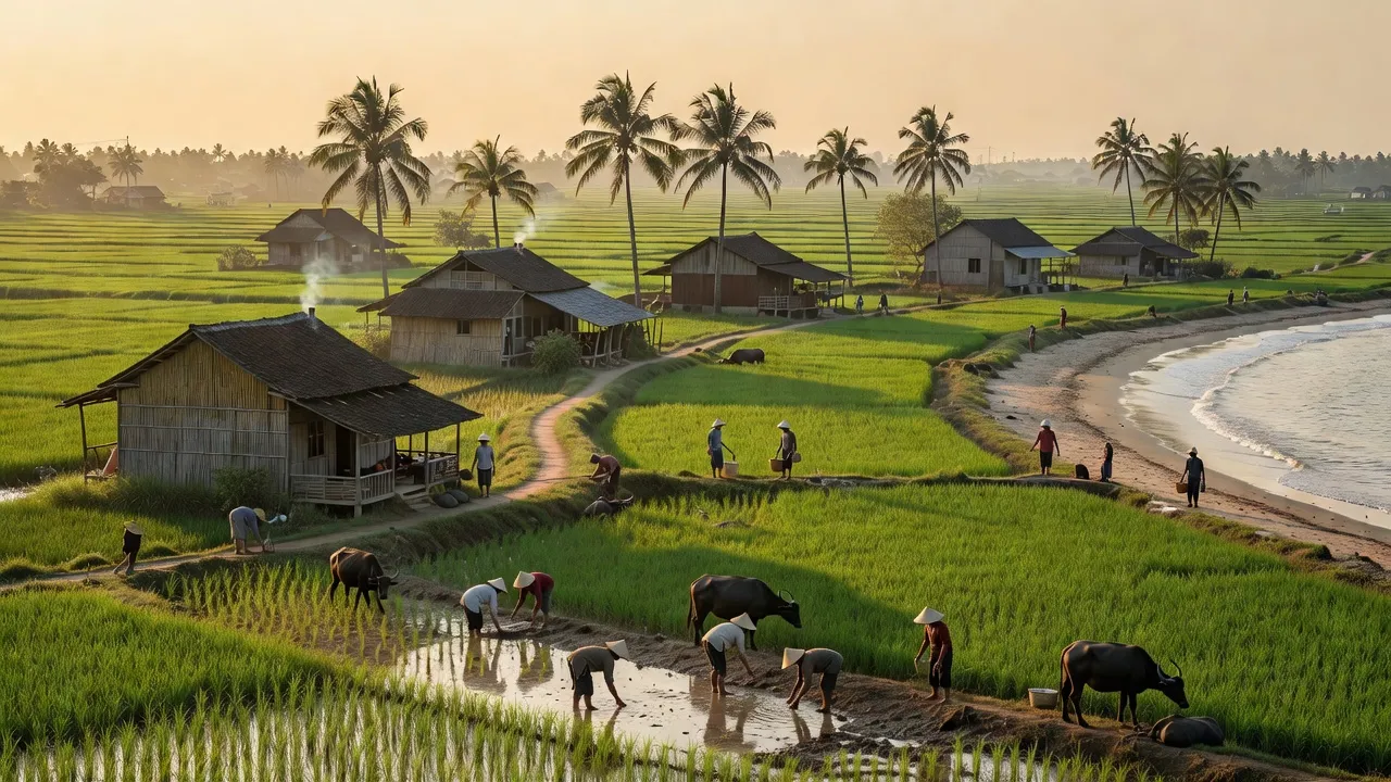 Cánh đồng xanh tươi và nhà truyền thống ở xã Nghi Yên, huyện Nghi Lộc, tỉnh Nghệ An.
