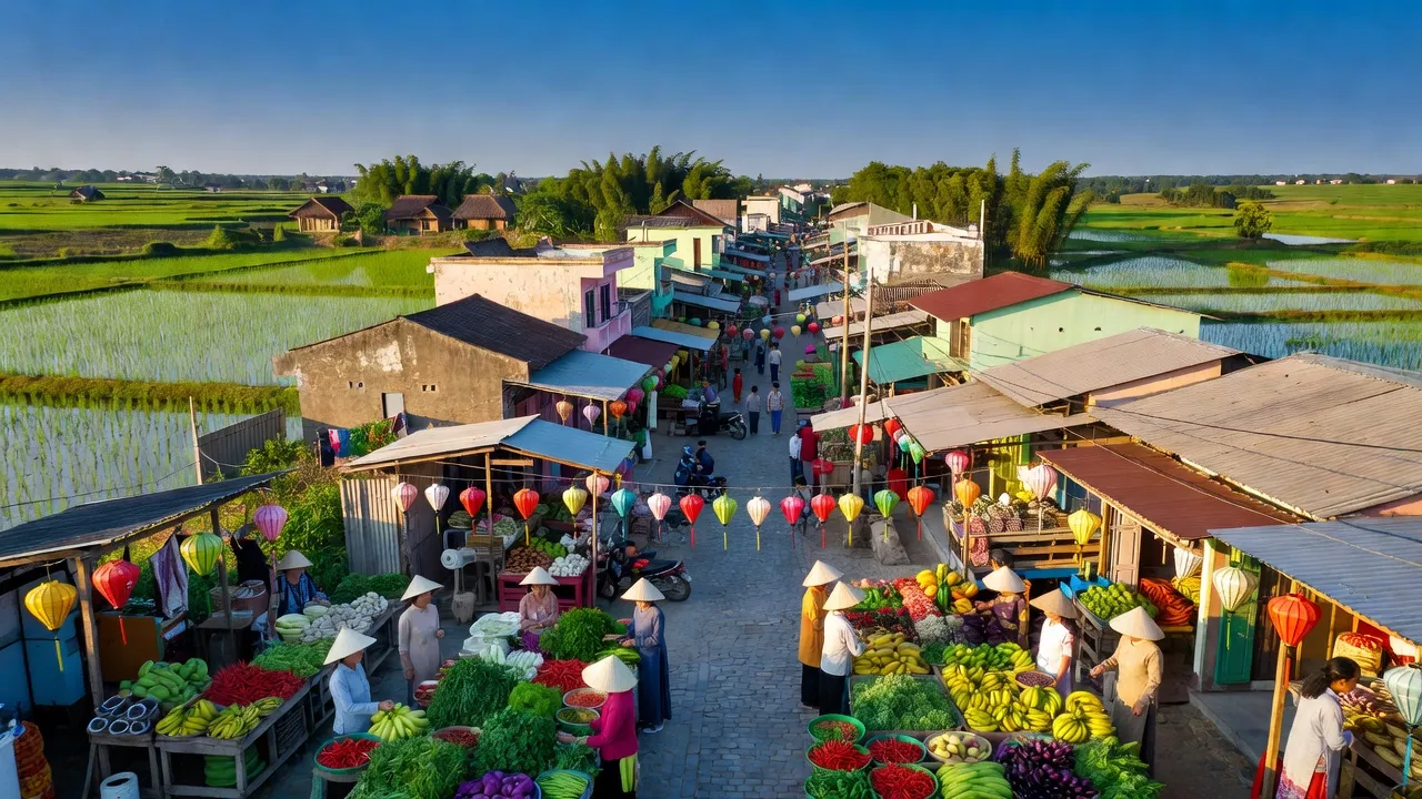Quán Hành, Nghi Lộc, Nghệ An with vibrant streets and lush greenery, connecting urban and rural areas.
