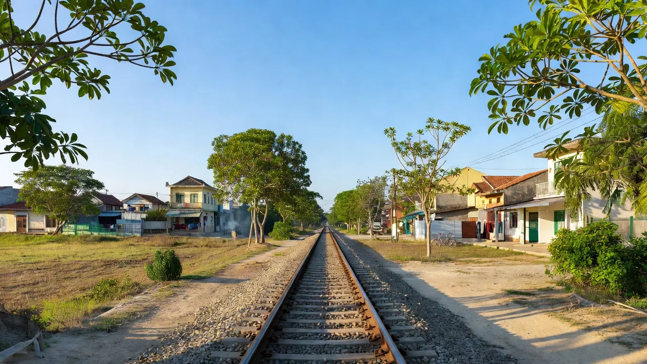 Thị trấn Quán Hành, huyện Nghi Lộc, Nghệ An, với cảnh sắc thiên nhiên xanh tươi và đường sắt Bắc - Nam.