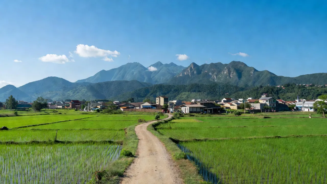 Khung cảnh huyện Nghĩa Đàn, tỉnh Nghệ An với cánh đồng xanh và núi non hùng vĩ.